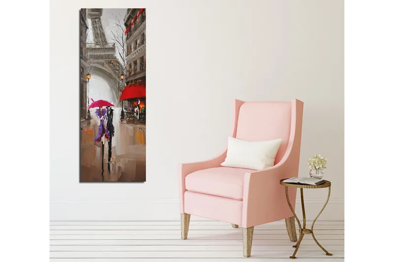 Canvas-taulu 30x80 cm - Pariisin autot sateessa värikkäiden sateenvarjojen kanssa - Punainen / Violetti / Harmaa - Sisustustuotteet - Taulu & taide - Canvas-taulu