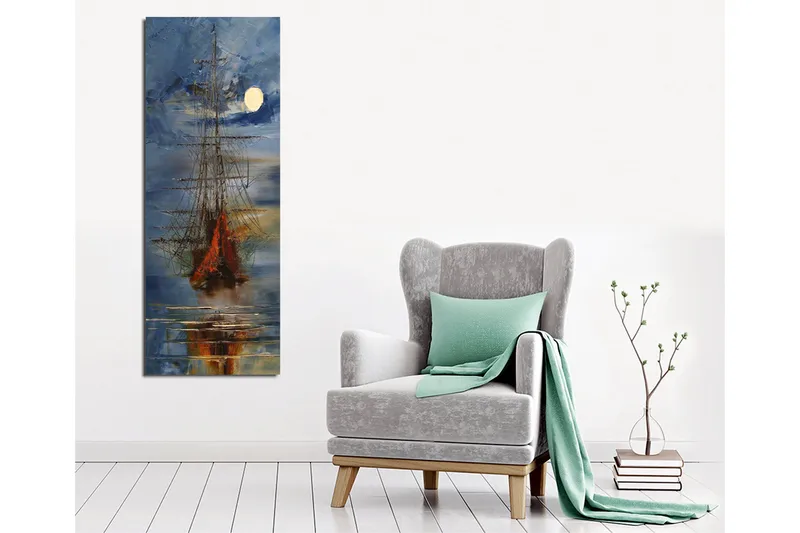 Canvas-taulu 30x80 cm - Purjevene peilimäisellä järvellä täysikuun valossa - Tummansininen / Oranssi / Valkoinen - Sisustustuotteet - Taulu & taide - Canvas-taulu