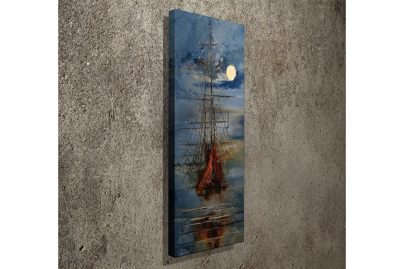 Canvas-taulu 30x80 cm - Purjevene peilimäisellä järvellä täysikuun valossa - Tummansininen / Oranssi / Valkoinen - Sisustustuotteet - Taulu & taide - Canvas-taulu