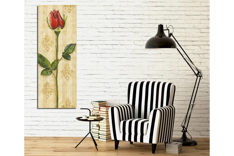 Canvas-taulu 30x80 cm - Punainen ruusu vihreillä lehdillä vaalealla pohjalla - Punainen / Vihreä / Beige - Sisustustuotteet - Taulu & taide - Canvas-taulu