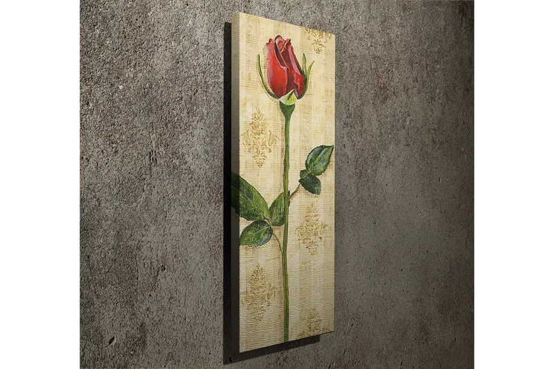 Canvas-taulu 30x80 cm - Punainen ruusu vihreillä lehdillä vaalealla pohjalla - Punainen / Vihreä / Beige - Sisustustuotteet - Taulu & taide - Canvas-taulu