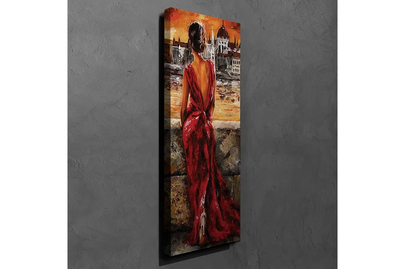 Canvas-taulu 30x80 cm - Punamekkoinen nainen katsoo kaupunkia auringonlaskun aikaan - Punainen / Oranssi / Beige - Sisustustuotteet - Taulu & taide - Canvas-taulu