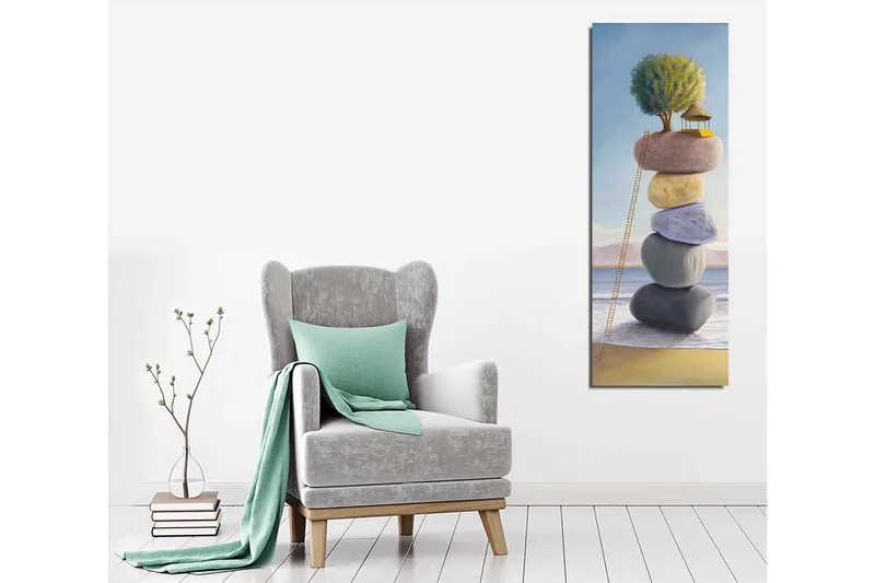 Canvas-taulu 30x80 cm - Pinottuja kiviä, päällä talo ja puu - Vihreä / Beige / Sininen - Sisustustuotteet - Taulu & taide - Canvas-taulu