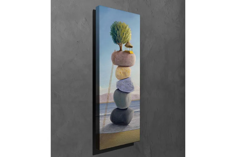 Canvas-taulu 30x80 cm - Pinottuja kiviä, päällä talo ja puu - Vihreä / Beige / Sininen - Sisustustuotteet - Taulu & taide - Canvas-taulu