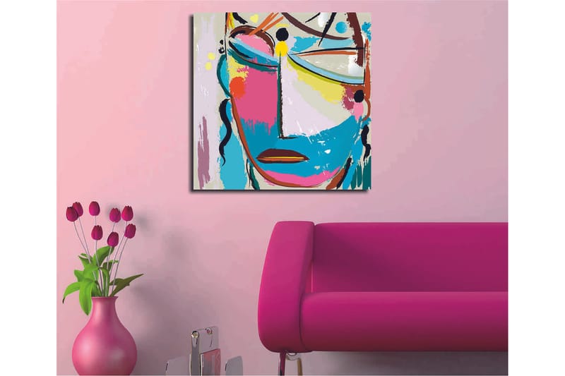Canvas-taulu 45x45 cm - Abstrakti kasvot värikkäillä elementeillä - Sininen / Vaaleanpunainen / Keltainen - Sisustustuotteet - Taulu & taide - Canvas-taulu