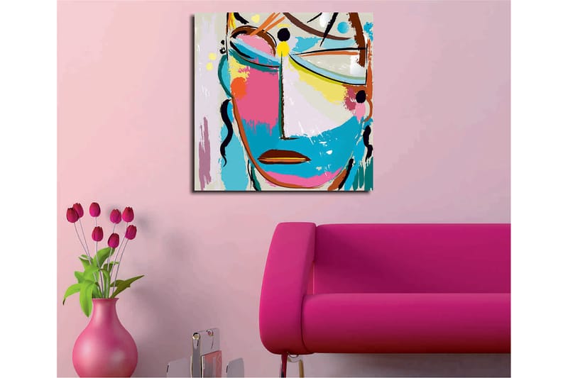 Canvas-taulu 45x45 cm - Abstrakti kasvot värikkäillä elementeillä - Sininen / Vaaleanpunainen / Keltainen - Sisustustuotteet - Taulu & taide - Canvas-taulu