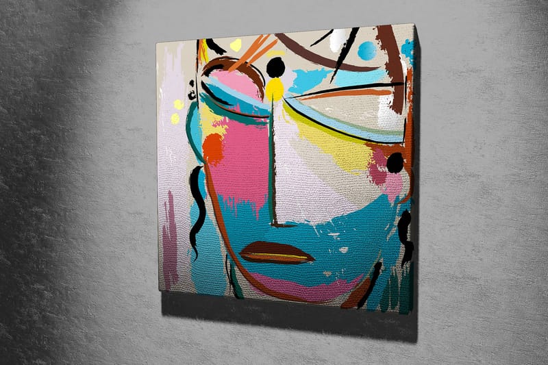 Canvas-taulu 45x45 cm - Abstrakti kasvot värikkäillä elementeillä - Sininen / Vaaleanpunainen / Keltainen - Sisustustuotteet - Taulu & taide - Canvas-taulu