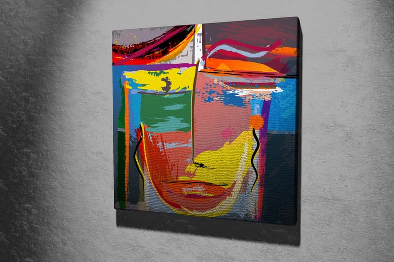 Canvas-taulu 45x45 cm - Abstrakti kasvot vahvoilla väreillä ja geometrisilla muodoilla - Keltainen / Vihreä / Sininen - Sisustustuotteet - Taulu & taide - Canvas-taulu