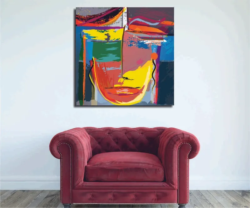 Canvas-taulu 45x45 cm - Abstrakti kasvot vahvoilla väreillä ja geometrisilla muodoilla, Keltainen / Vihreä / Sininen