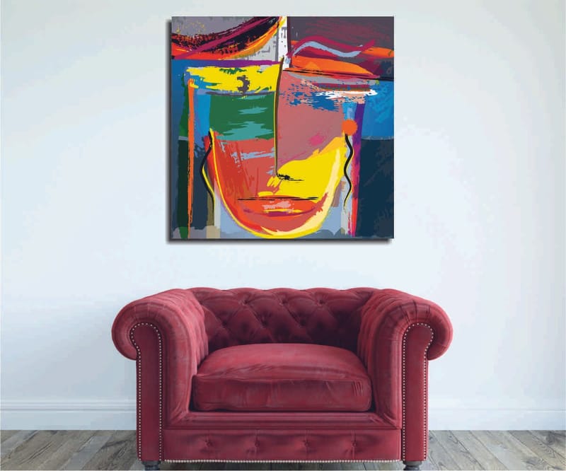 Canvas-taulu 45x45 cm - Abstrakti kasvot vahvoilla väreillä ja geometrisilla muodoilla, Keltainen / Vihreä / Sininen