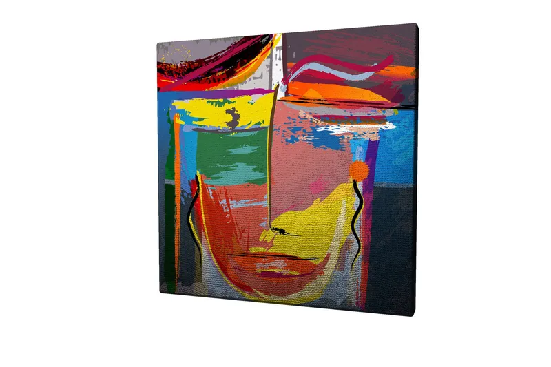 Canvas-taulu 45x45 cm - Abstrakti kasvot vahvoilla väreillä ja geometrisilla muodoilla - Keltainen / Vihreä / Sininen - Sisustustuotteet - Taulu & taide - Canvas-taulu