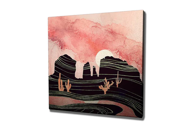 Canvas-taulu 45x45 cm - Abstrakti maisema kaktuksilla ja vuorisilueteilla, Vaaleanpunainen / Musta / Kulta