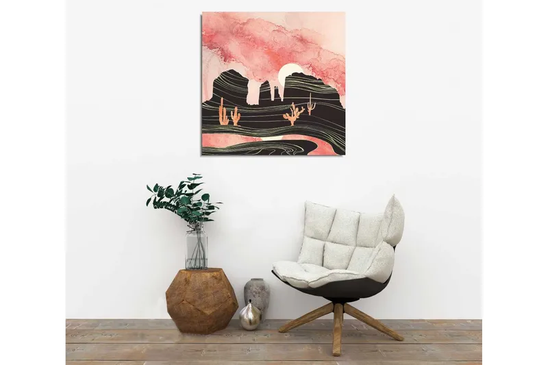 Canvas-taulu 45x45 cm - Abstrakti maisema kaktuksilla ja vuorisilueteilla - Vaaleanpunainen / Musta / Kulta - Sisustustuotteet - Taulu & taide - Canvas-taulu