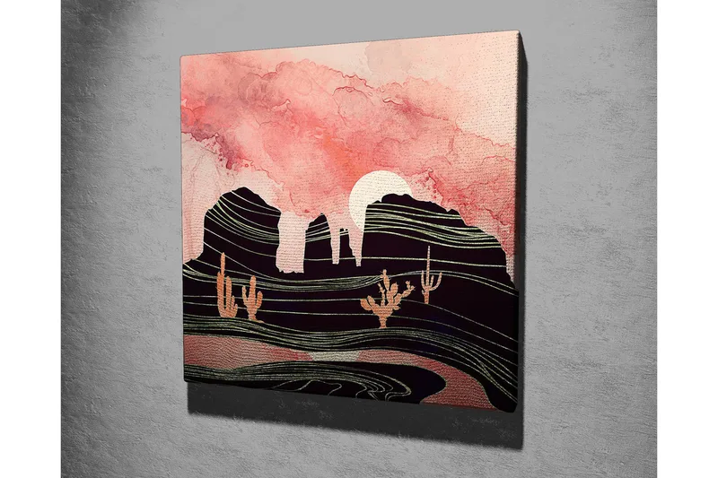 Canvas-taulu 45x45 cm - Abstrakti maisema kaktuksilla ja vuorisilueteilla - Vaaleanpunainen / Musta / Kulta - Sisustustuotteet - Taulu & taide - Canvas-taulu