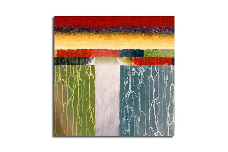 Canvas-taulu 45x45 cm - Abstrakti maisema värikkäillä horisonteilla ja pystysuorilla viivoilla, Punainen / Vihreä / Sininen