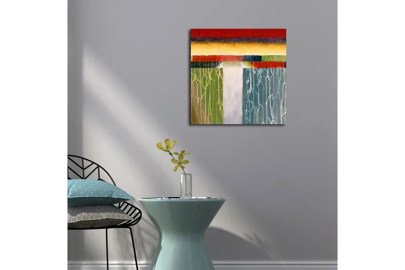 Canvas-taulu 45x45 cm - Abstrakti maisema värikkäillä horisonteilla ja pystysuorilla viivoilla - Punainen / Vihreä / Sininen - Sisustustuotteet - Taulu & taide - Canvas-taulu
