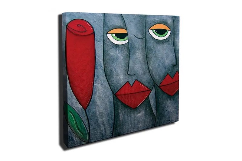 Canvas-taulu 45x45 cm - Abstrakti muotokuva kasvoilla ja ruusulla, Harmaa / Punainen / Vihreä