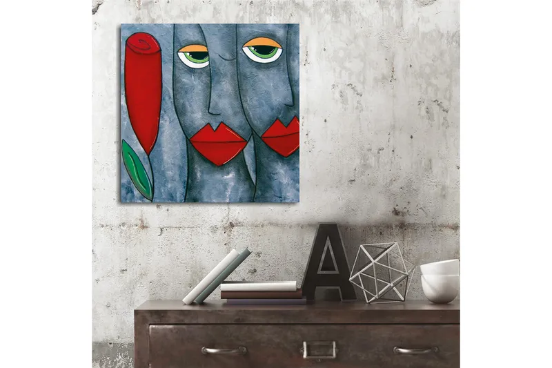 Canvas-taulu 45x45 cm - Abstrakti muotokuva kasvoilla ja ruusulla - Harmaa / Punainen / Vihreä - Sisustustuotteet - Taulu & taide - Canvas-taulu