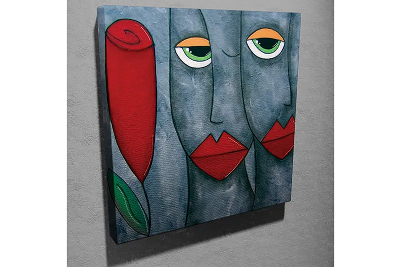 Canvas-taulu 45x45 cm - Abstrakti muotokuva kasvoilla ja ruusulla - Harmaa / Punainen / Vihreä - Sisustustuotteet - Taulu & taide - Canvas-taulu