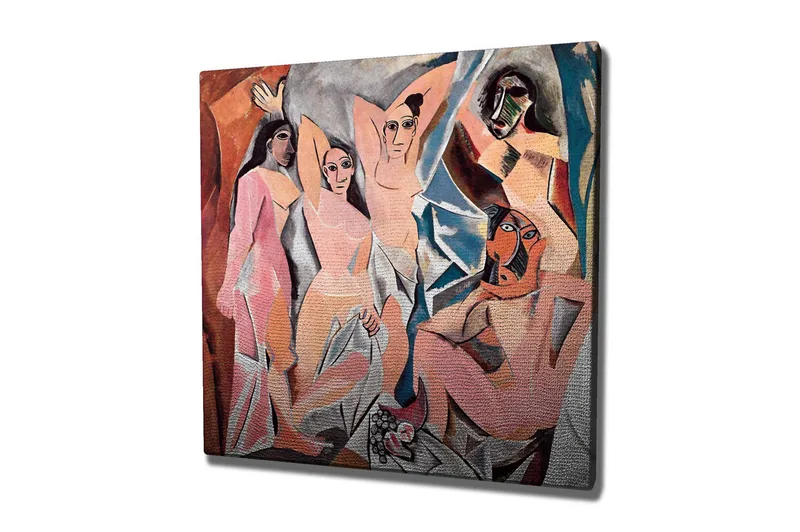 Canvas-taulu 45x45 cm - Abstrakti sommitelma, jossa useita hahmoja vuorovaikuttavat keskenään, Vaaleanpunainen / Sininen / Oranssi