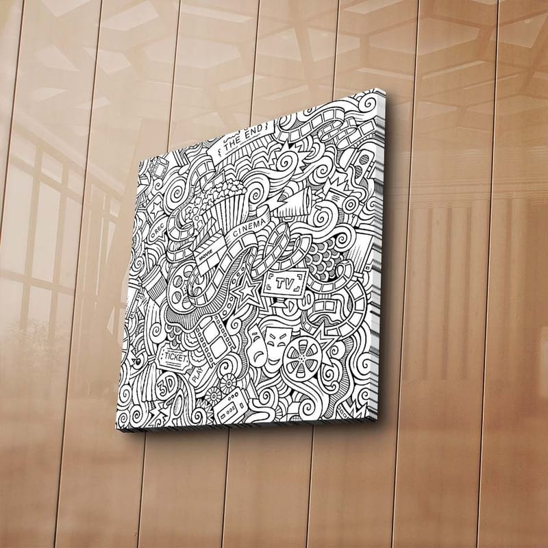 Canvas-taulu 45x45 cm - Abstrakti sommitelma elokuvaan ja teatteriin liittyvistä symboleista - Musta / Valkoinen - Sisustustuotteet - Taulu & taide - Canvas-taulu