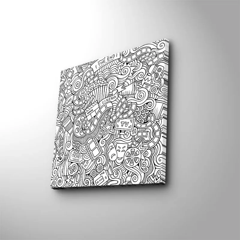 Canvas-taulu 45x45 cm - Abstrakti sommitelma elokuvaan ja teatteriin liittyvistä symboleista, Musta / Valkoinen