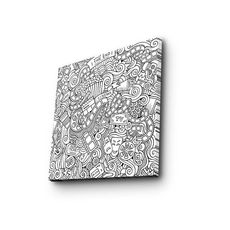 Canvas-taulu 45x45 cm - Abstrakti sommitelma elokuvaan ja teatteriin liittyvistä symboleista - Musta / Valkoinen - Sisustustuotteet - Taulu & taide - Canvas-taulu