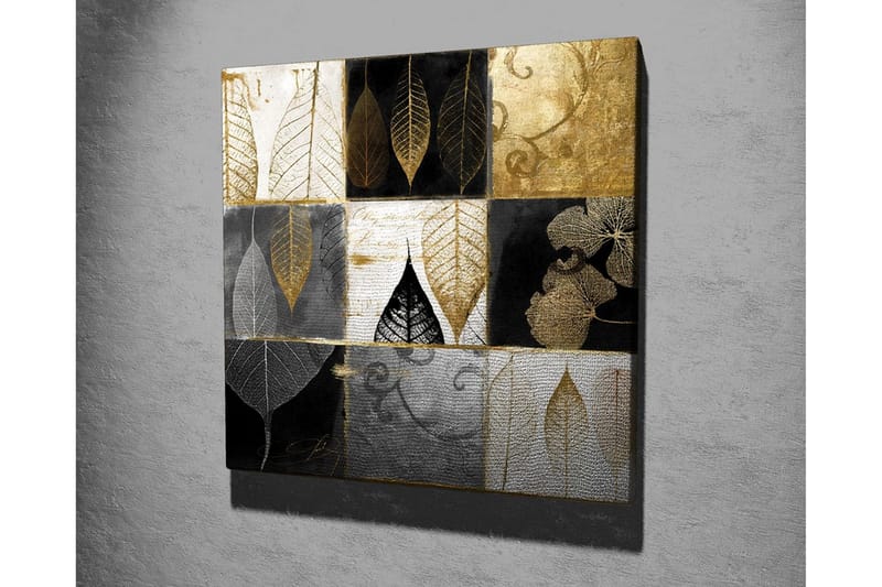 Canvas-taulu 45x45 cm - Abstrakti sommitelma eri sävyisillä lehtiaiheilla - Kulta / Musta / Harmaa - Sisustustuotteet - Taulu & taide - Canvas-taulu