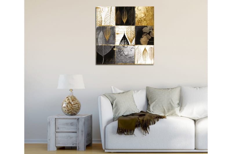 Canvas-taulu 45x45 cm - Abstrakti sommitelma eri sävyisillä lehtiaiheilla - Kulta / Musta / Harmaa - Sisustustuotteet - Taulu & taide - Canvas-taulu
