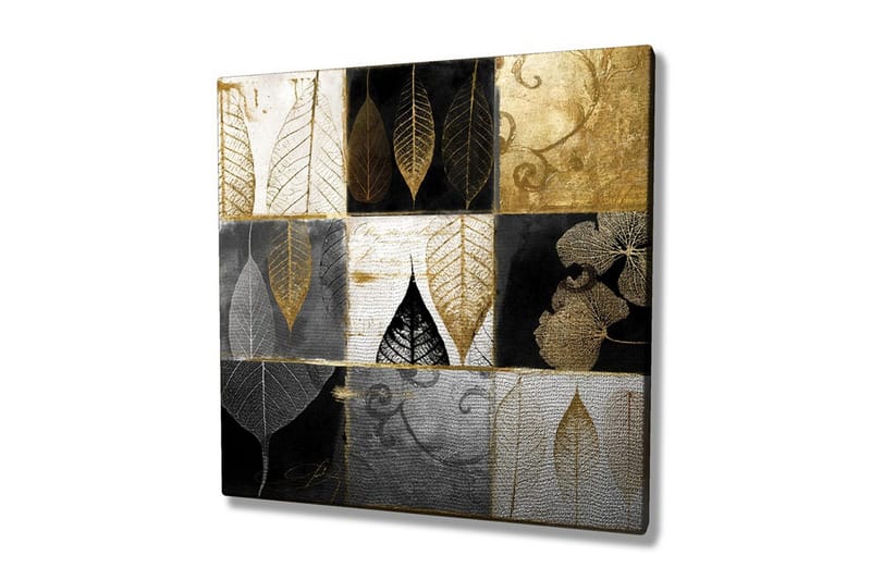 Canvas-taulu 45x45 cm - Abstrakti sommitelma eri sävyisillä lehtiaiheilla - Kulta / Musta / Harmaa - Sisustustuotteet - Taulu & taide - Canvas-taulu