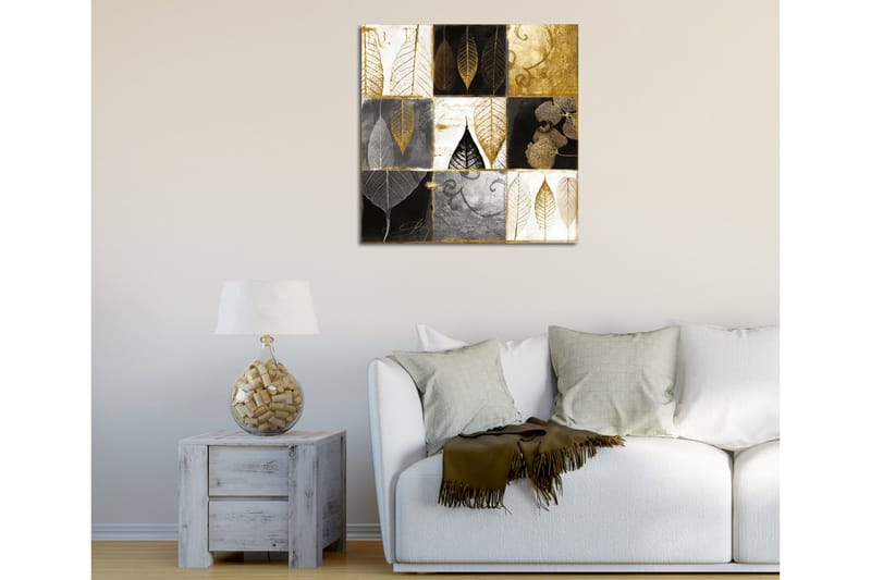 Canvas-taulu 45x45 cm - Abstrakti sommitelma eri sävyisillä lehtiaiheilla - Kulta / Musta / Harmaa - Sisustustuotteet - Taulu & taide - Canvas-taulu