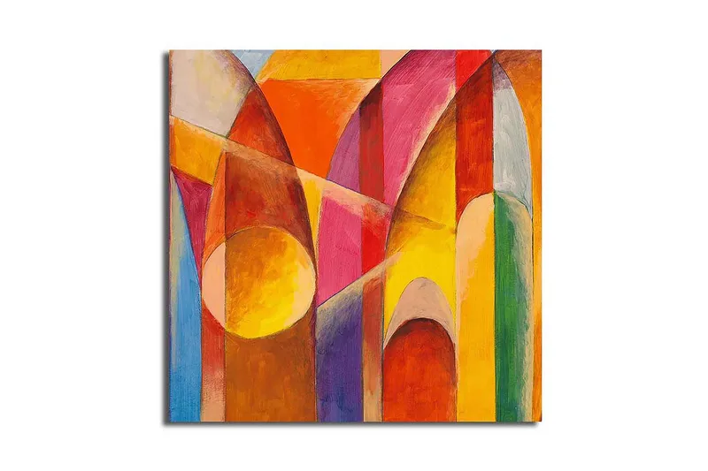 Canvas-taulu 45x45 cm - Abstrakti sommitelma geometrisilla muodoilla ja vahvoilla väreillä, Punainen / Oranssi / Keltainen