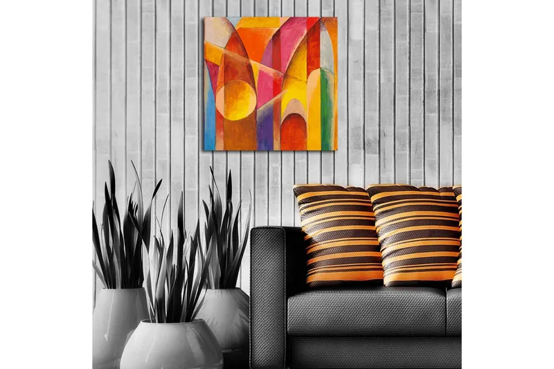 Canvas-taulu 45x45 cm - Abstrakti sommitelma geometrisilla muodoilla ja vahvoilla väreillä - Punainen / Oranssi / Keltainen - Sisustustuotteet - Taulu & taide - Canvas-taulu