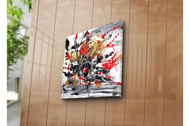 Canvas-taulu 45x45 cm - Abstrakti sommitelma kukilla ja värikkäillä elementeillä - Punainen / Musta / Kulta - Sisustustuotteet - Taulu & taide - Canvas-taulu