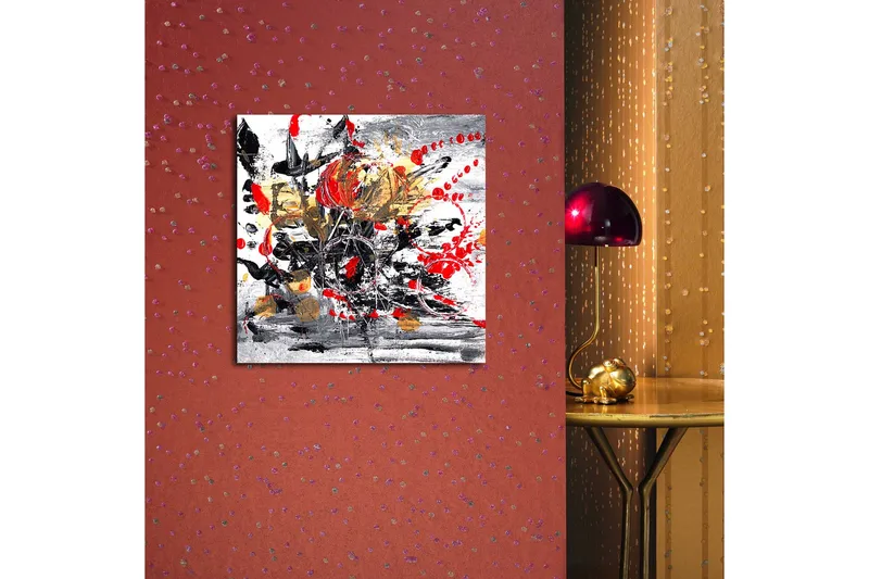 Canvas-taulu 45x45 cm - Abstrakti sommitelma kukilla ja värikkäillä elementeillä - Punainen / Musta / Kulta - Sisustustuotteet - Taulu & taide - Canvas-taulu