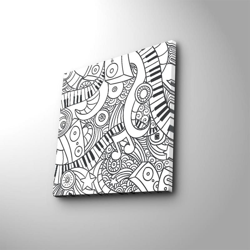 Canvas-taulu 45x45 cm - Abstrakti sommitelma musiikillisilla elementeillä ja kuvioilla, Musta / Valkoinen