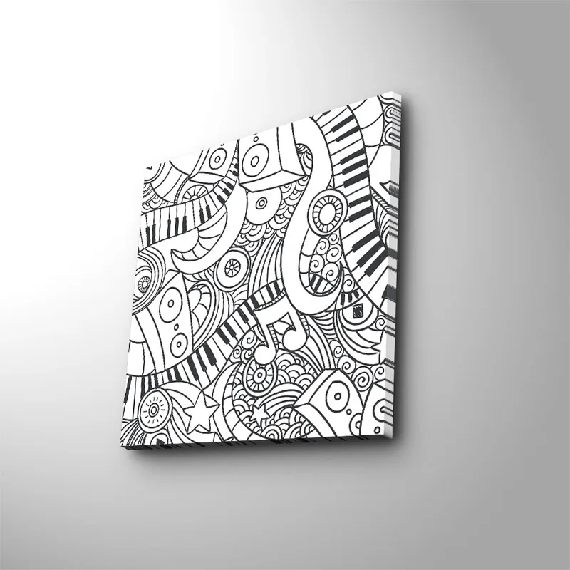 Canvas-taulu 45x45 cm - Abstrakti sommitelma musiikillisilla elementeillä ja kuvioilla, Musta / Valkoinen