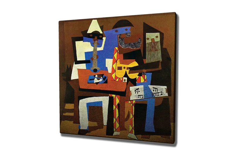 Canvas-taulu 45x45 cm - Abstrakti sommitelma musiikkihahmoilla, Sininen / Ruskea / Keltainen