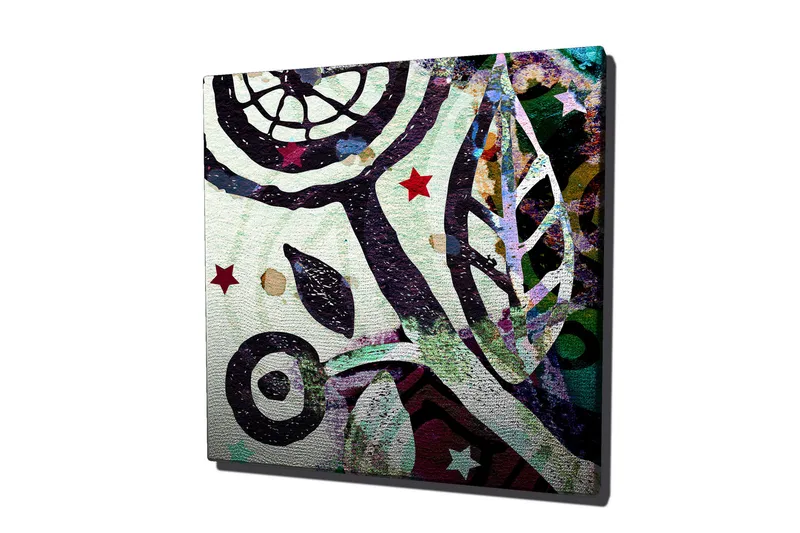 Canvas-taulu 45x45 cm - Abstrakti sommitelma orgaanisilla muodoilla ja tähdillä, Vihreä / Musta / Punainen