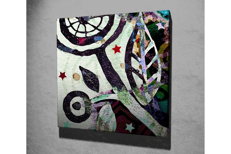 Canvas-taulu 45x45 cm - Abstrakti sommitelma orgaanisilla muodoilla ja tähdillä - Vihreä / Musta / Punainen - Sisustustuotteet - Taulu & taide - Canvas-taulu