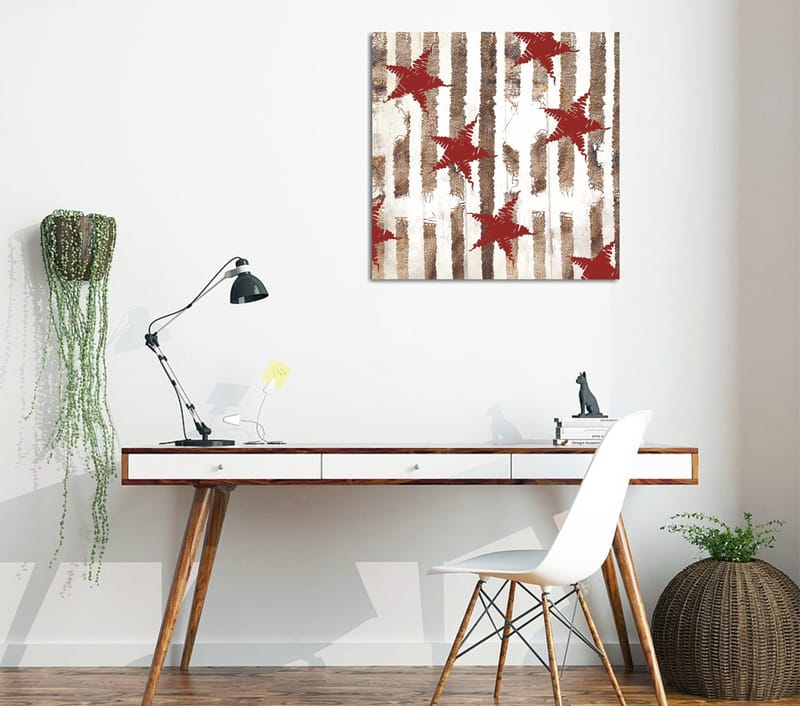 Canvas-taulu 45x45 cm - Abstrakti sommitelma tähdillä ja pystysuorilla viivoilla, Punainen / Ruskea / Valkoinen