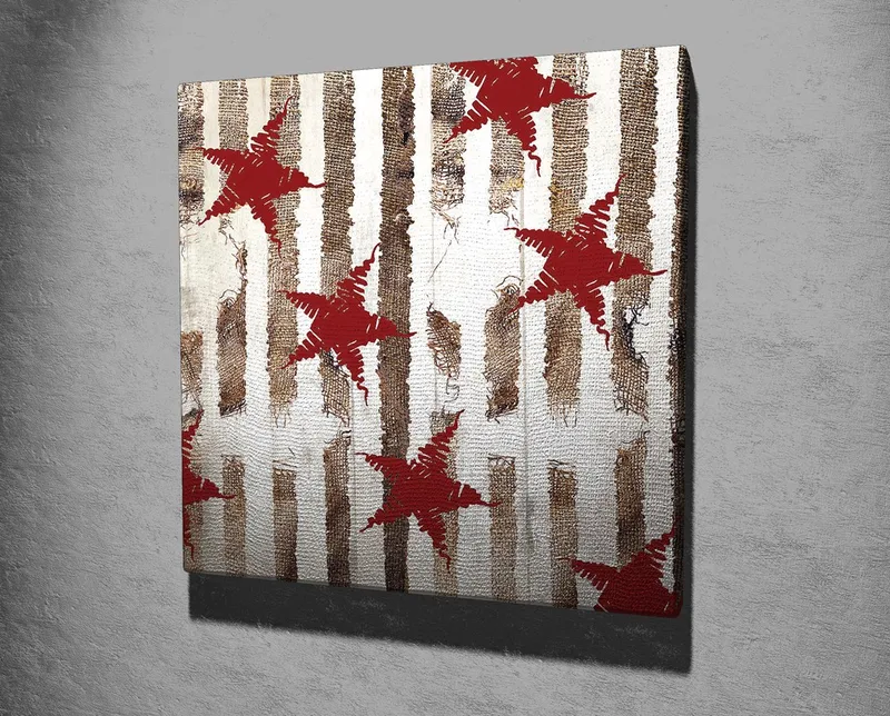 Canvas-taulu 45x45 cm - Abstrakti sommitelma tähdillä ja pystysuorilla viivoilla - Punainen / Ruskea / Valkoinen - Sisustustuotteet - Taulu & taide - Canvas-taulu