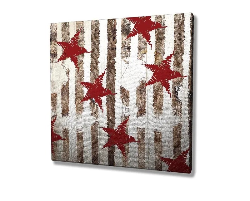 Canvas-taulu 45x45 cm - Abstrakti sommitelma tähdillä ja pystysuorilla viivoilla - Punainen / Ruskea / Valkoinen - Sisustustuotteet - Taulu & taide - Canvas-taulu