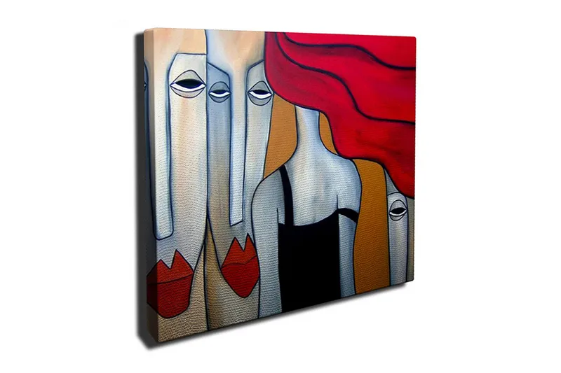 Canvas-taulu 45x45 cm - Abstrakti sommitelma tyylitellyillä kasvoilla ja punahiuksisella naisella, Punainen / Harmaa / Beige