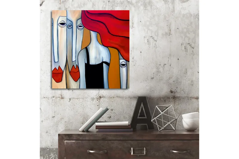 Canvas-taulu 45x45 cm - Abstrakti sommitelma tyylitellyillä kasvoilla ja punahiuksisella naisella - Punainen / Harmaa / Beige - Sisustustuotteet - Taulu & taide - Canvas-taulu