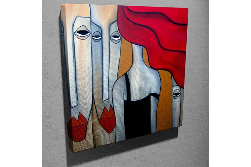 Canvas-taulu 45x45 cm - Abstrakti sommitelma tyylitellyillä kasvoilla ja punahiuksisella naisella - Punainen / Harmaa / Beige - Sisustustuotteet - Taulu & taide - Canvas-taulu
