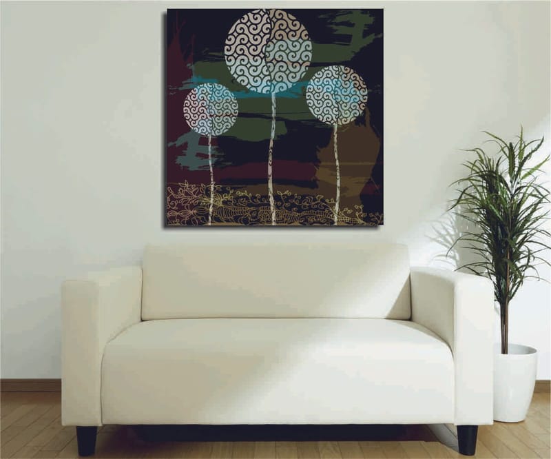 Canvas-taulu 45x45 cm - Abstrakti sommitelma tyylitellyillä puiden latvoilla, Vihreä / Musta / Valkoinen