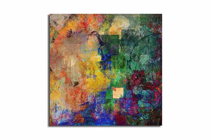 Canvas-taulu 45x45 cm - Abstrakti sommitelma värikkäillä muodoilla ja tekstuureilla, Vihreä / Sininen / Oranssi