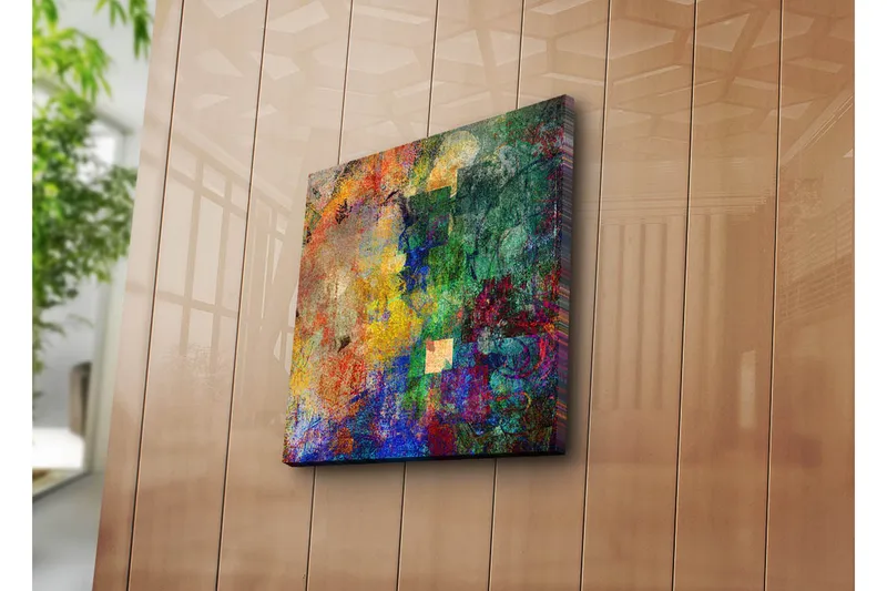 Canvas-taulu 45x45 cm - Abstrakti sommitelma värikkäillä muodoilla ja tekstuureilla - Vihreä / Sininen / Oranssi - Sisustustuotteet - Taulu & taide - Canvas-taulu