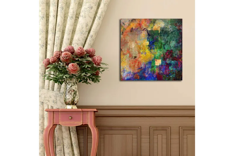 Canvas-taulu 45x45 cm - Abstrakti sommitelma värikkäillä muodoilla ja tekstuureilla - Vihreä / Sininen / Oranssi - Sisustustuotteet - Taulu & taide - Canvas-taulu